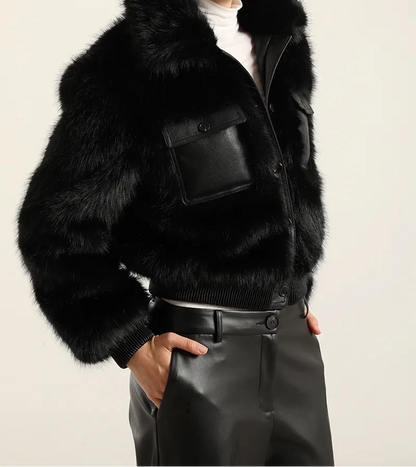 Chaqueton Mujer Efecto Cuero Piel Negro