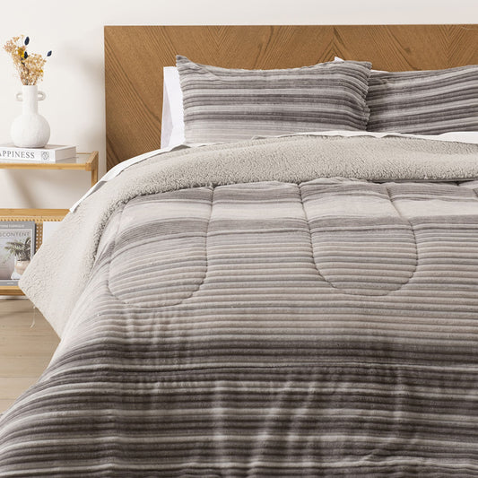 Plumón Corduroy Coral Sherpa Líneas Gris