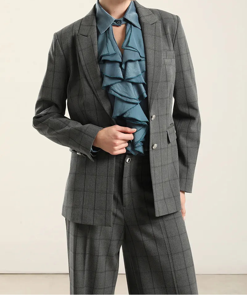 Blazer Mujer Cuadros Fantasia Gris