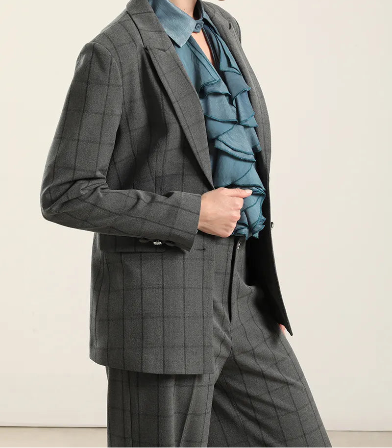 Blazer Mujer Cuadros Fantasia Gris