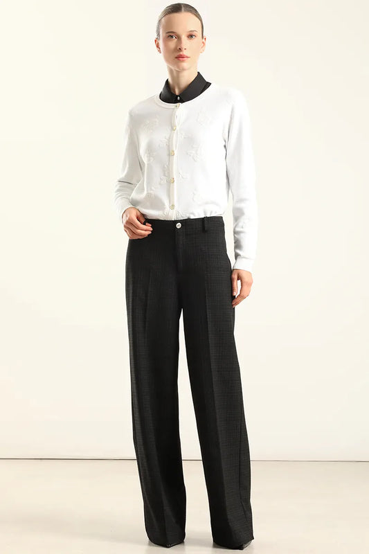 Pantalon Mujer Ancho Cuadros Fantasia Negro