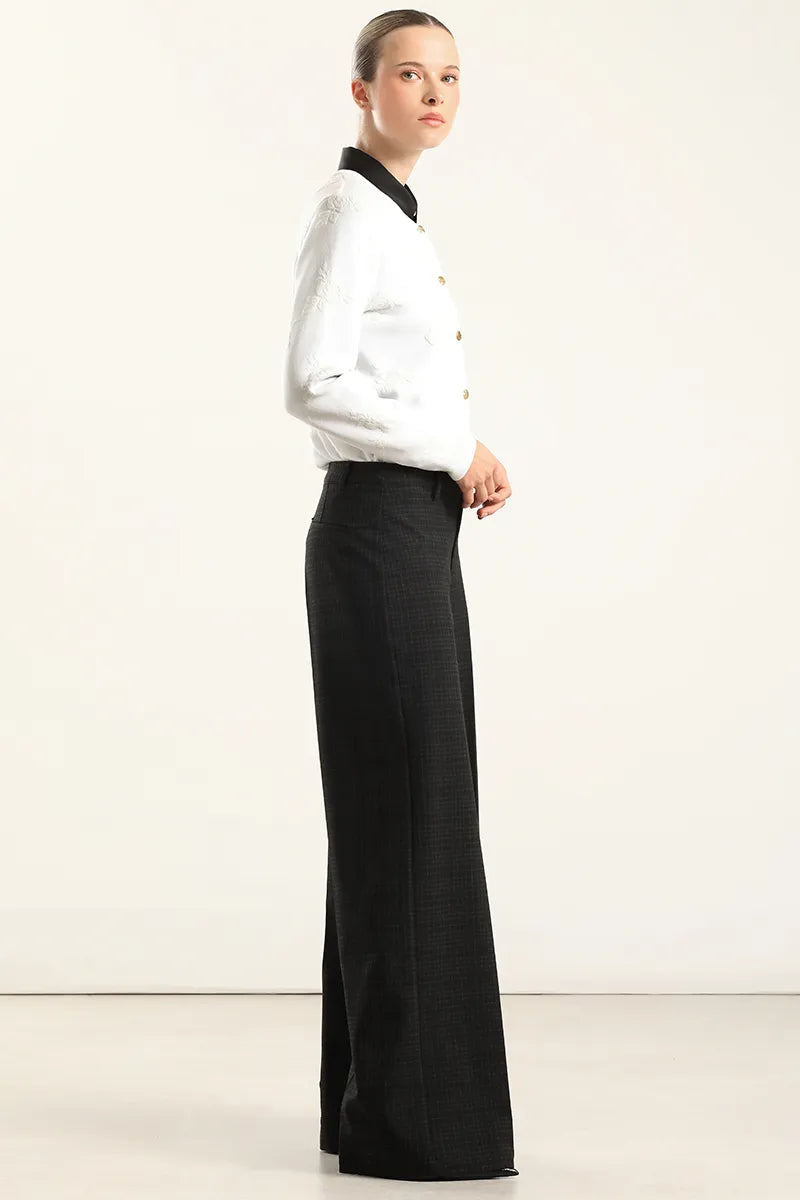 Pantalon Mujer Ancho Cuadros Fantasia Negro