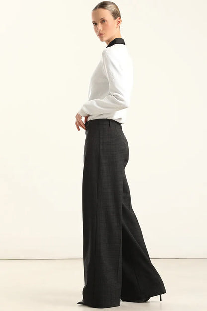 Pantalon Mujer Ancho Cuadros Fantasia Negro
