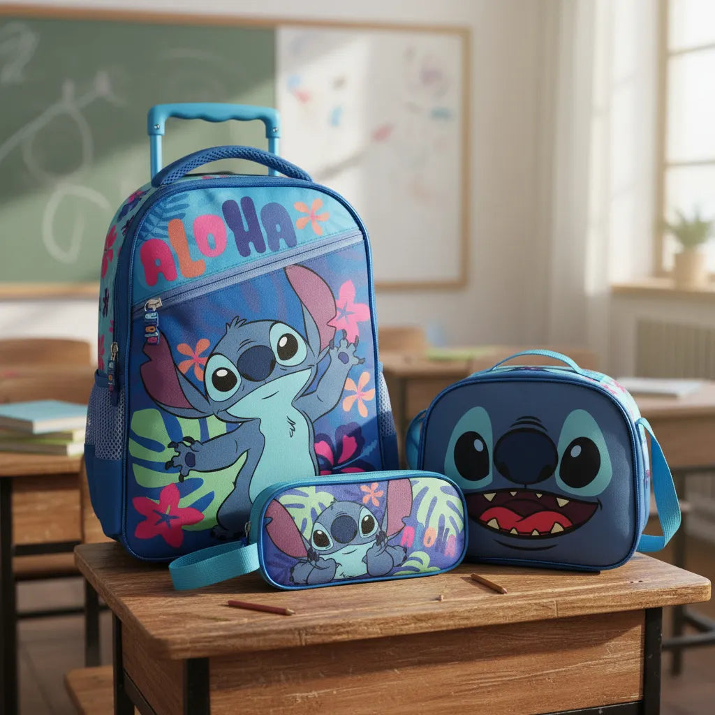 Pack Mochila Con Ruedas Unisex Stitch Estuche Lonchera Set 3 Pcs Azul