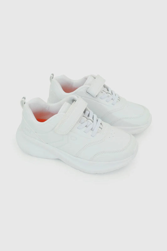 Zapatilla Niño Escolar con Velcro y Cordón Elástico Blanco