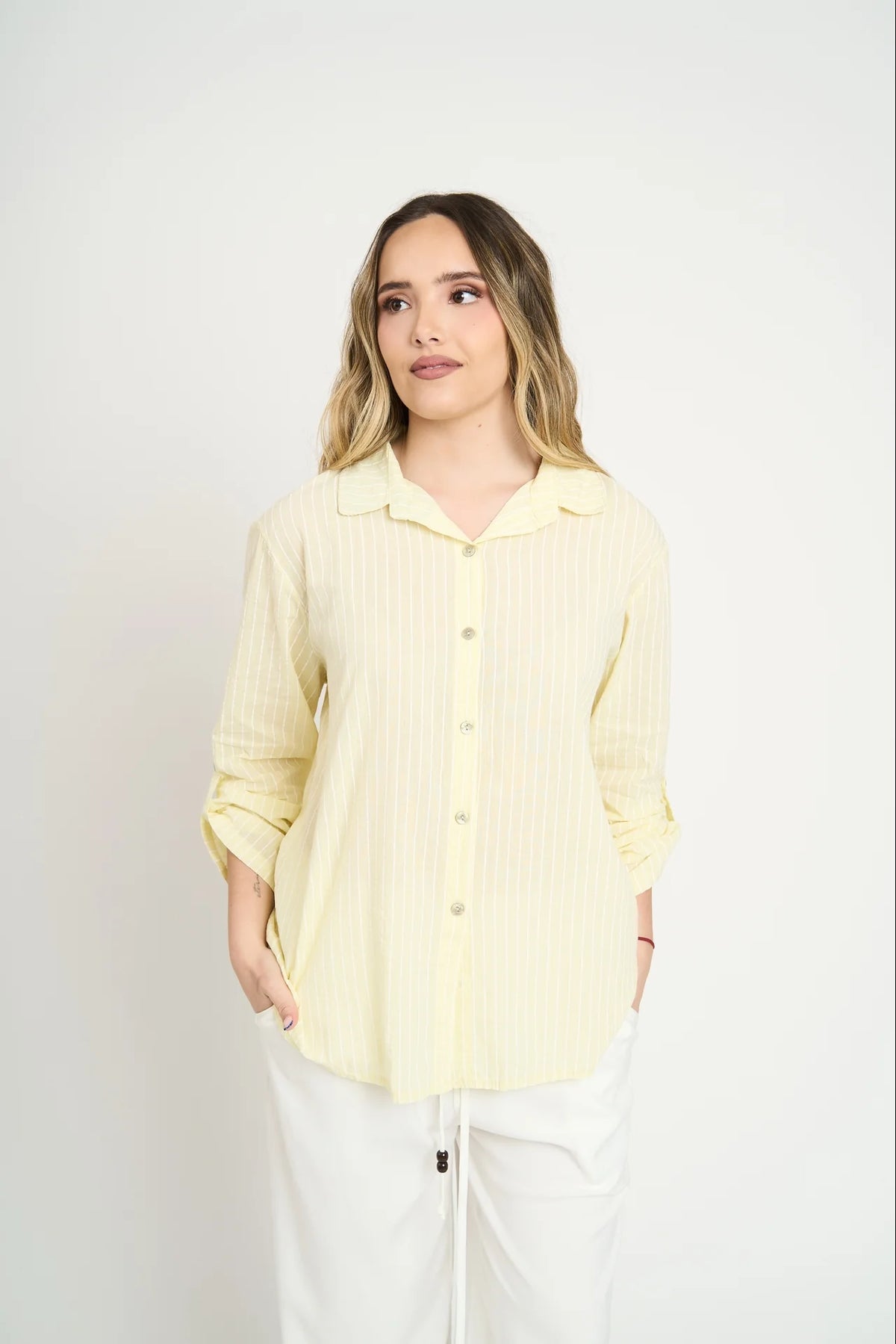 Blusa Mujer Manga Larga Amarilla A Rayas Blancas