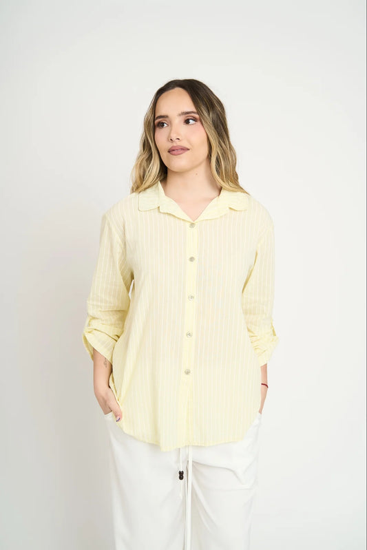 Blusa Mujer Manga Larga Amarilla A Rayas Blancas