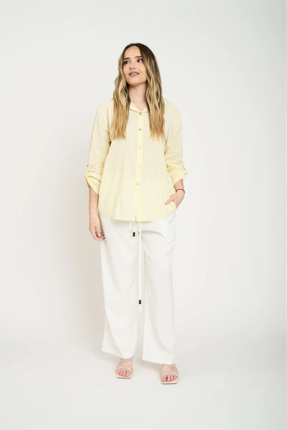 Blusa Mujer Manga Larga Amarilla A Rayas Blancas