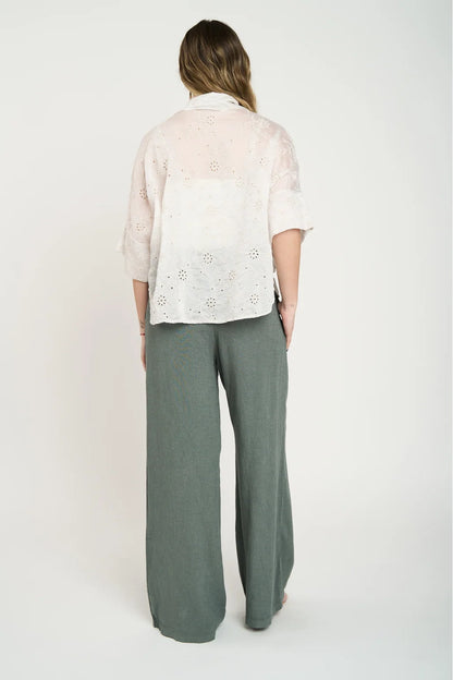 Blusa Manga Corta Mujer Con Bordado Floral Beige