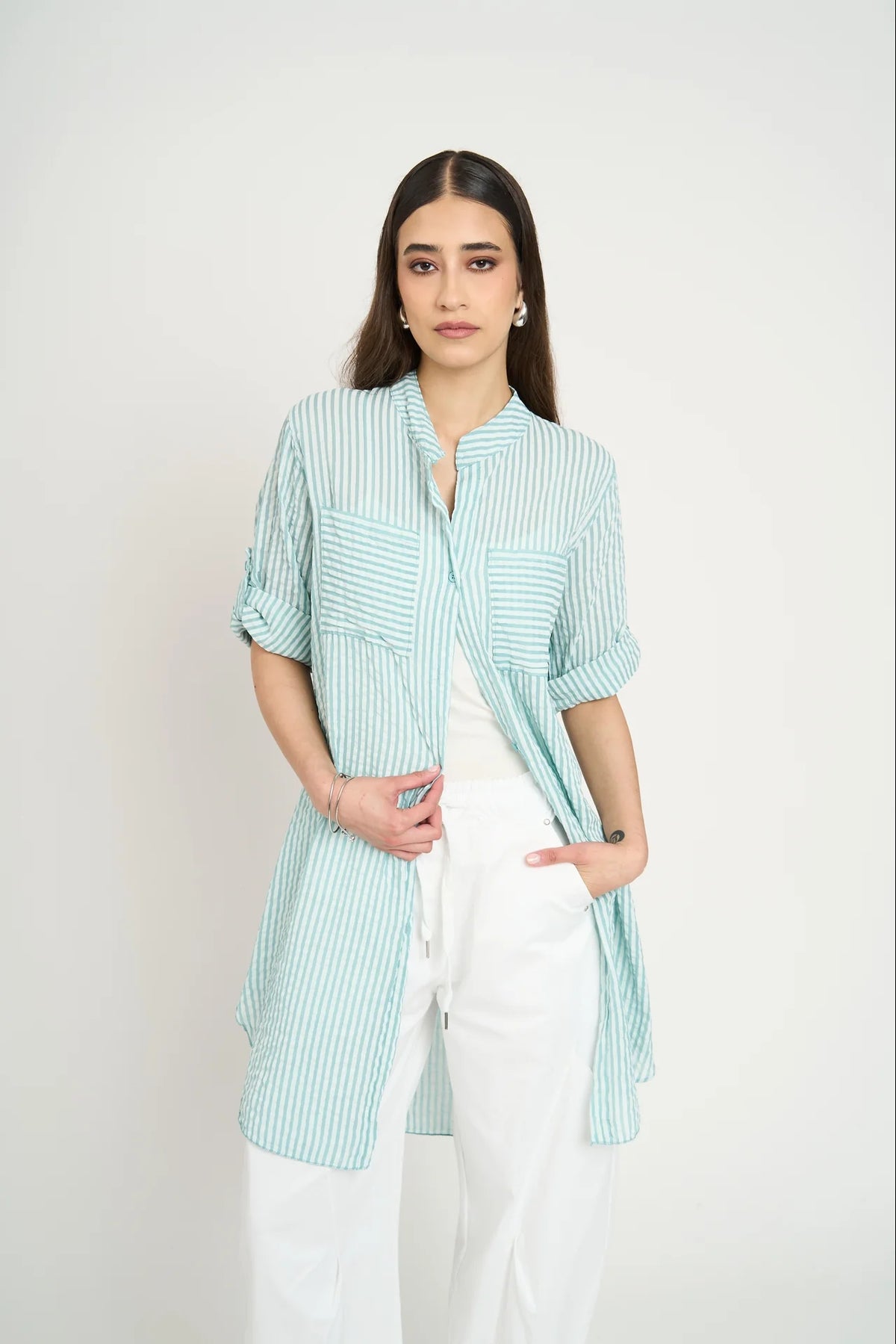 Bluson Camisero Largo Mujer A Rayas Agua