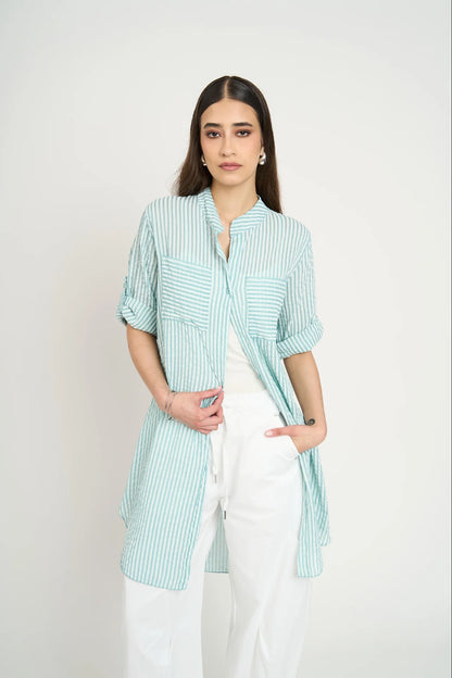 Bluson Camisero Largo Mujer A Rayas Agua