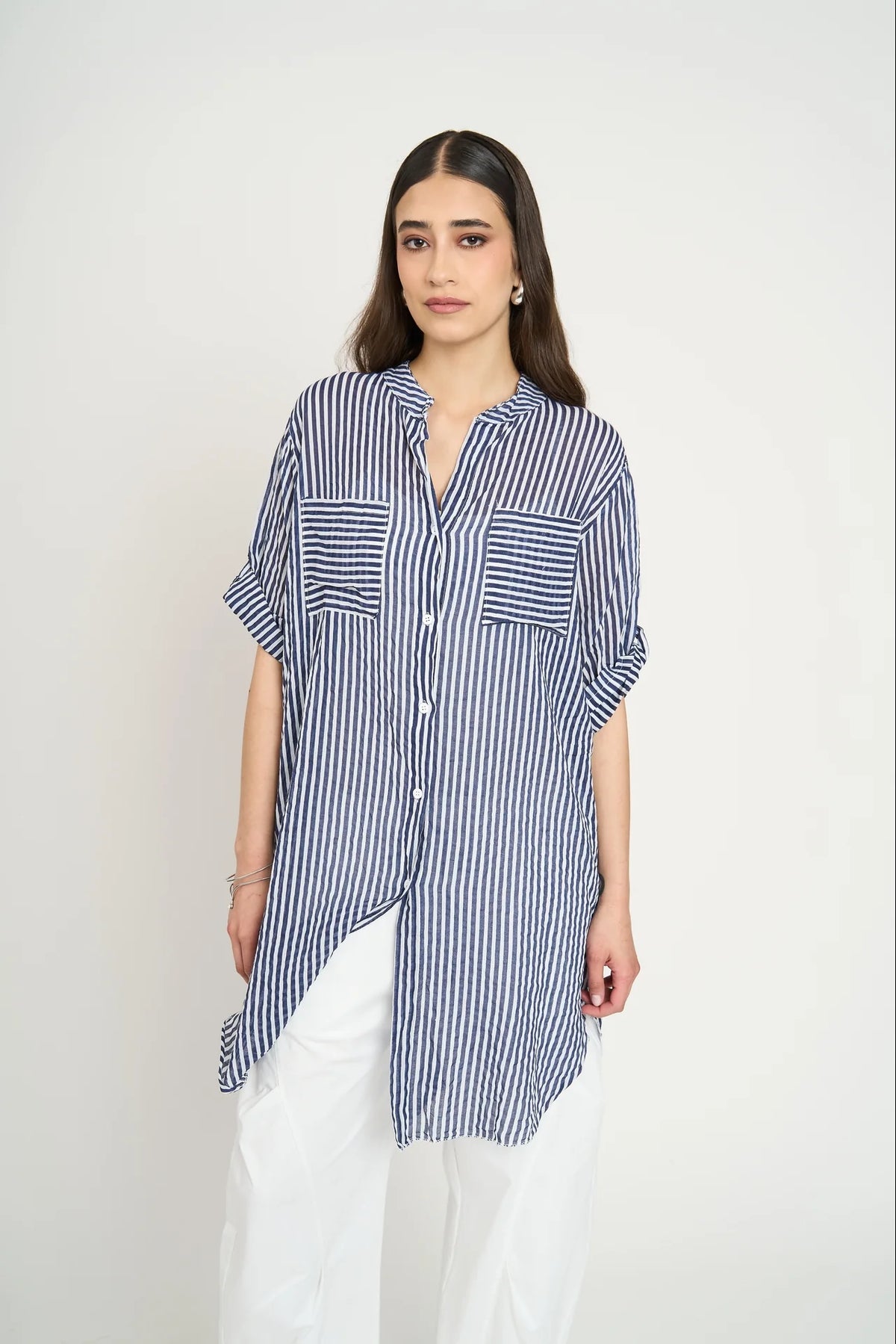 Bluson Camisero Largo Mujer A Rayas Azul