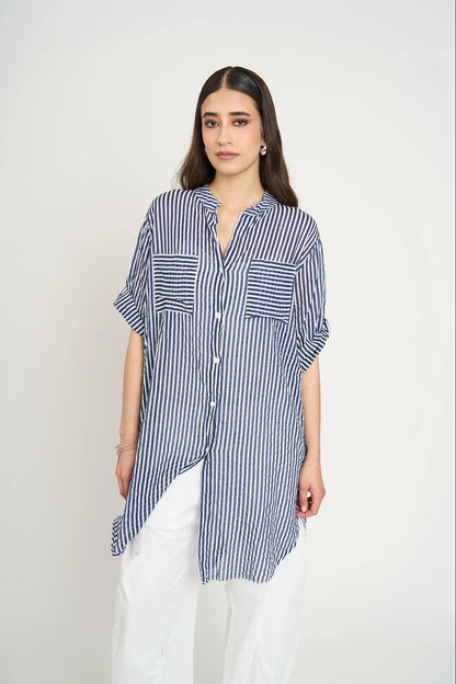 Bluson Camisero Largo Mujer A Rayas Azul