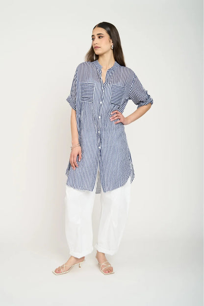 Bluson Camisero Largo Mujer A Rayas Azul