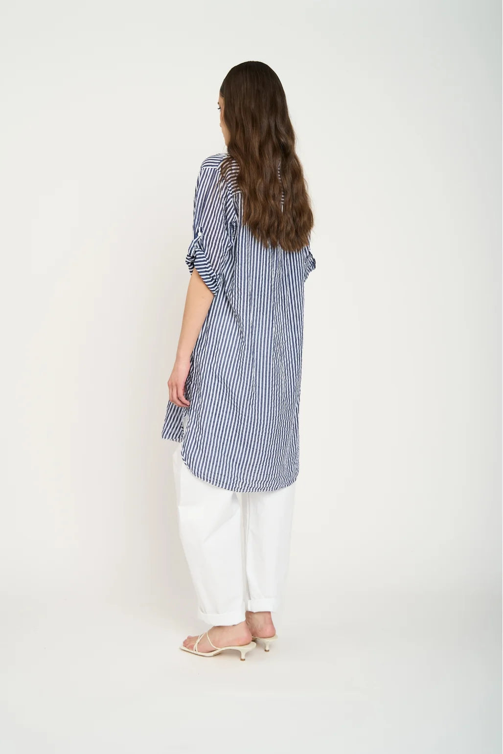 Bluson Camisero Largo Mujer A Rayas Azul