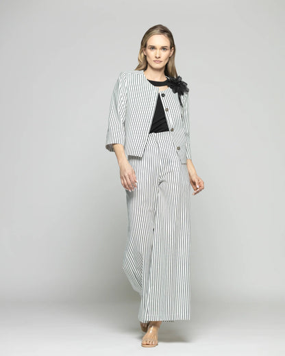 Blazer Mujer Liatris Corto Escote Redondo Algodón Manga 34 Rayas Negro Y Blanco Ludovica