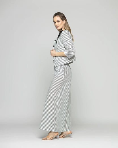 Blazer Mujer Liatris Corto Escote Redondo Algodón Manga 34 Rayas Negro Y Blanco Ludovica