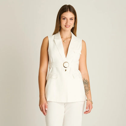 Blazer Mujer Sin Mangas con Bordado En Bolsillos y Cinturón Crudo
