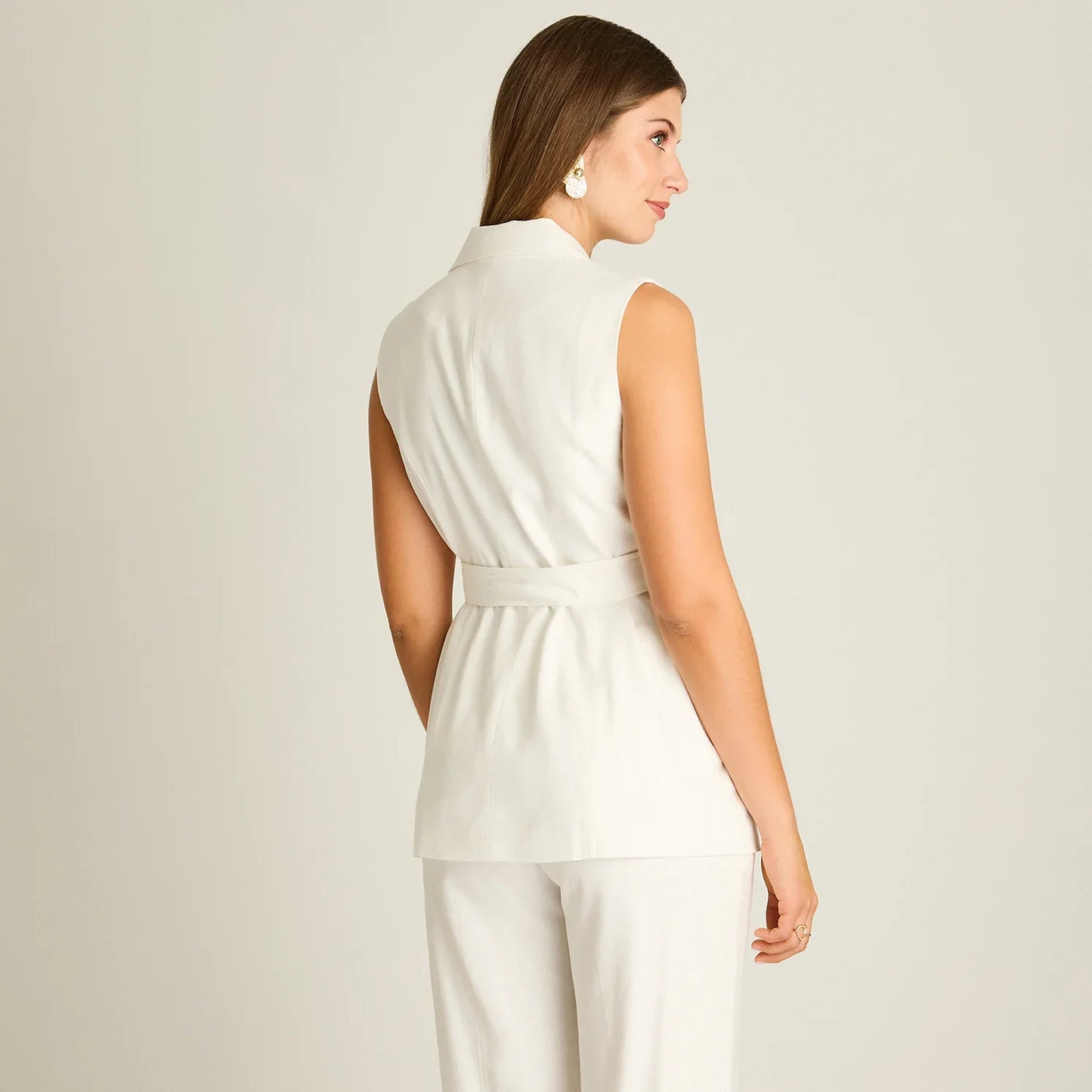 Blazer Mujer Sin Mangas con Bordado En Bolsillos y Cinturón Crudo