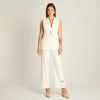 Blazer Mujer Sin Mangas con Bordado En Bolsillos y Cinturón Crudo