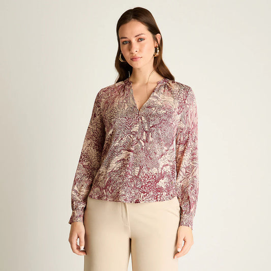 Blusa Mujer Arena Estampada Cuello Redondo