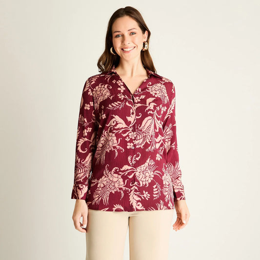 Blusa Mujer Burdeo Estampada Manga Larga