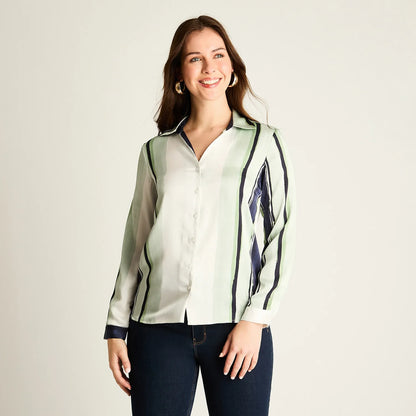 Blusa Mujer Menta Rayada con Estilo Camisero
