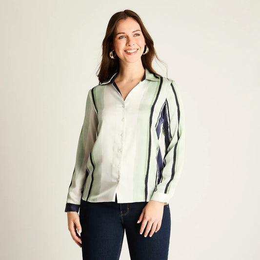 Blusa Mujer Menta Rayada con Estilo Camisero