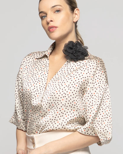 Blusa Mujer Boronia Escote V Estampado Lunares Colores Beige Ludovica