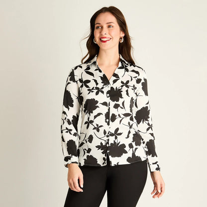 Blusa Mujer Negra Floral con Estilo Camisero