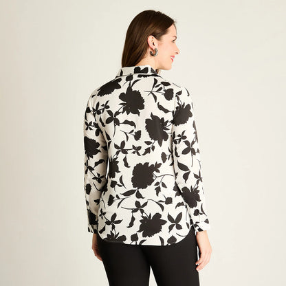 Blusa Mujer Negra Floral con Estilo Camisero