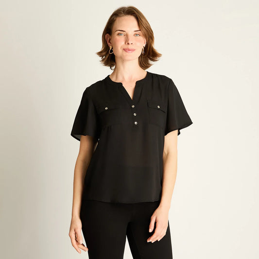 Blusa Mujer Negra con Bolsillos Frontales