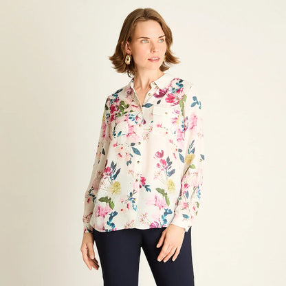 Blusa Mujer Rosada con Estampado Floral y Mangas Roll-Up