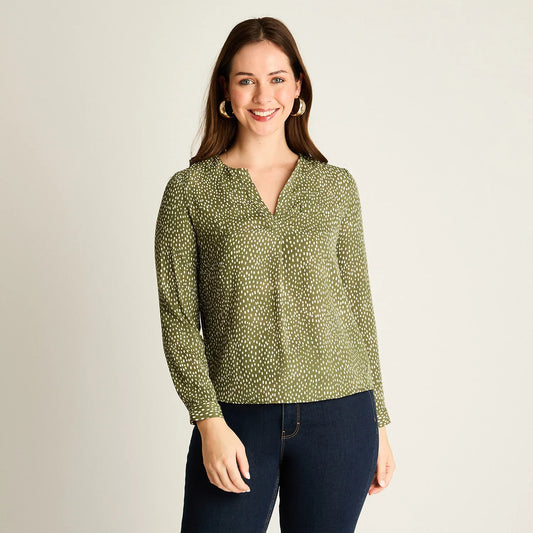 Blusa Mujer Verde Estampada con Escote en V