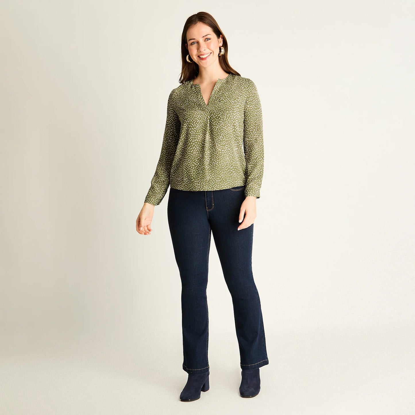 Blusa Mujer Verde Estampada con Escote en V
