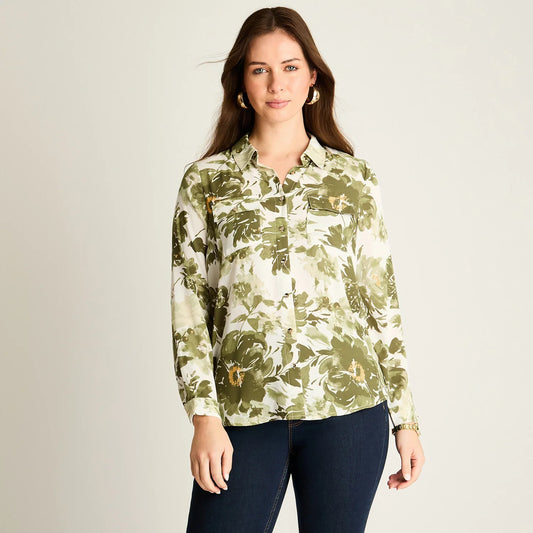 Blusa Mujer Verde con Estampado Floral y Mangas Roll-Up