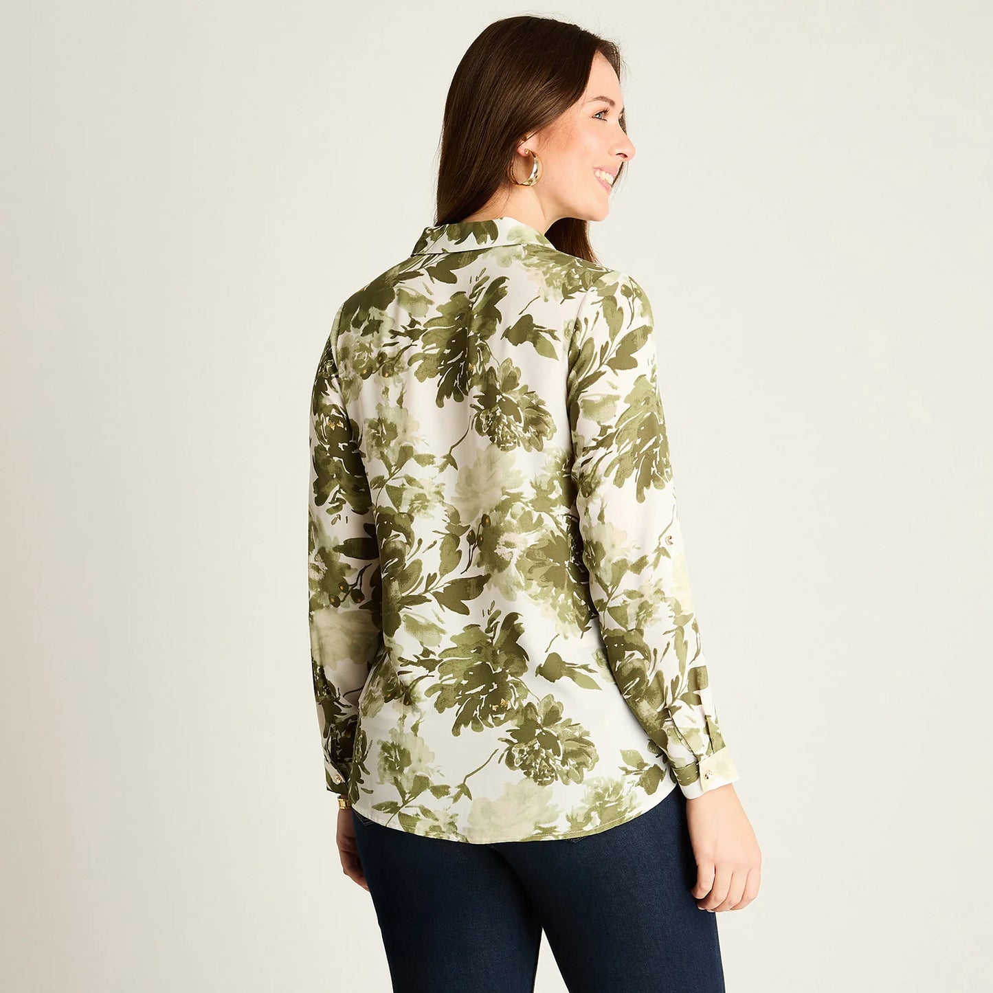 Blusa Mujer Verde con Estampado Floral y Mangas Roll-Up