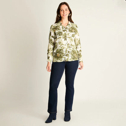 Blusa Mujer Verde con Estampado Floral y Mangas Roll-Up