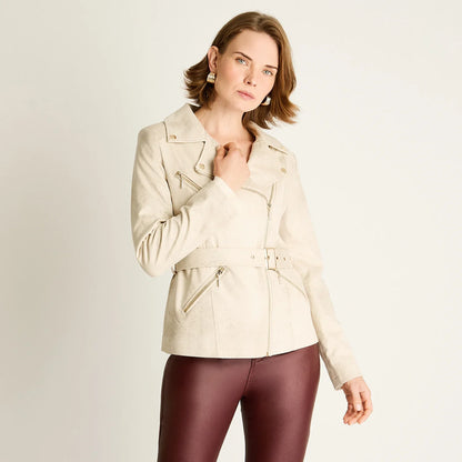 Chaqueta Mujer Arena con Cierres Decorativos