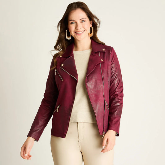 Chaqueta Mujer Burdeo con Cierres Decorativos