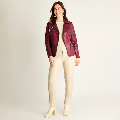 Chaqueta Mujer Burdeo con Cierres Decorativos