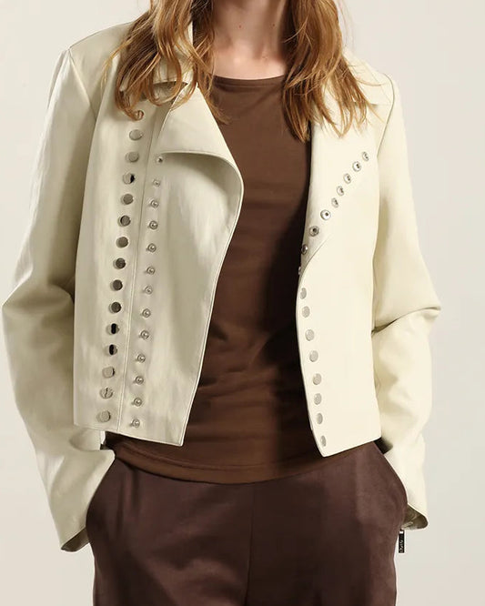 Chaqueta Mujer Biker Efecto Cuero Beige