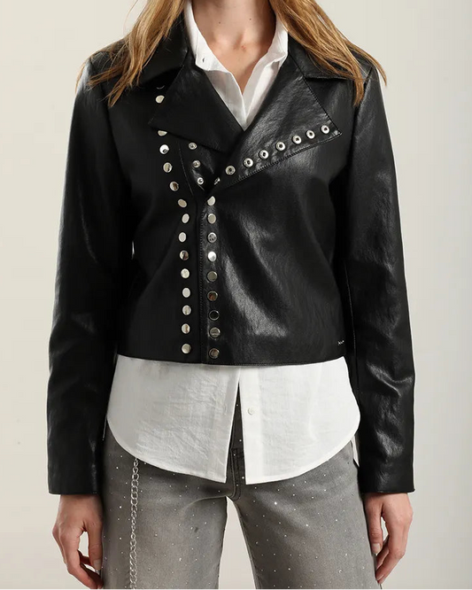 Chaqueta Mujer Biker Efecto Cuero Negro