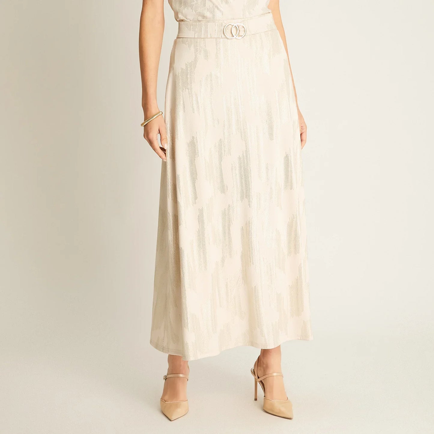 Falda Mujer Maxi Beige Satinada con Cinturón