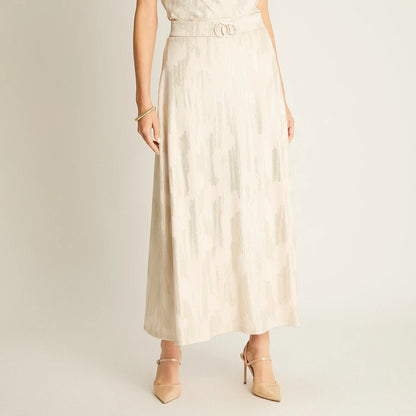 Falda Mujer Maxi Beige Satinada con Cinturón