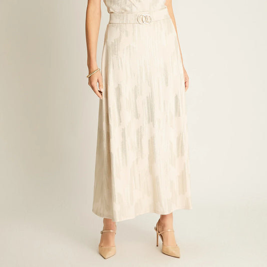Falda Mujer Maxi Beige Satinada con Cinturón