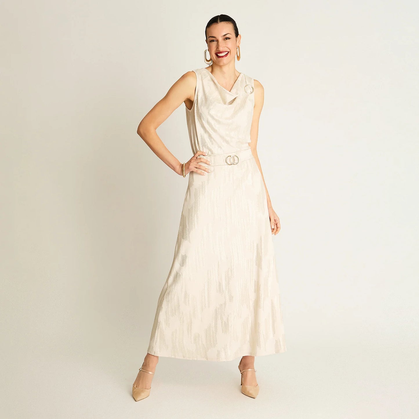Falda Mujer Maxi Beige Satinada con Cinturón