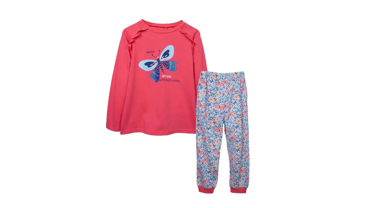 Pijama Niña Manga Larga Jersey Estampado Mariposa Coral
