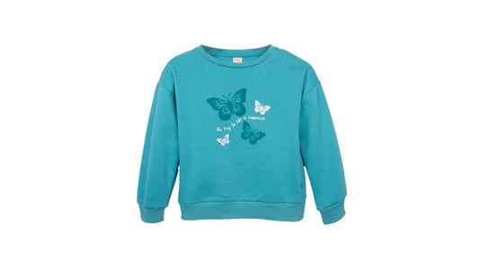 Polerón Niña Cuello Redondo Estampado Mariposas Turquesa