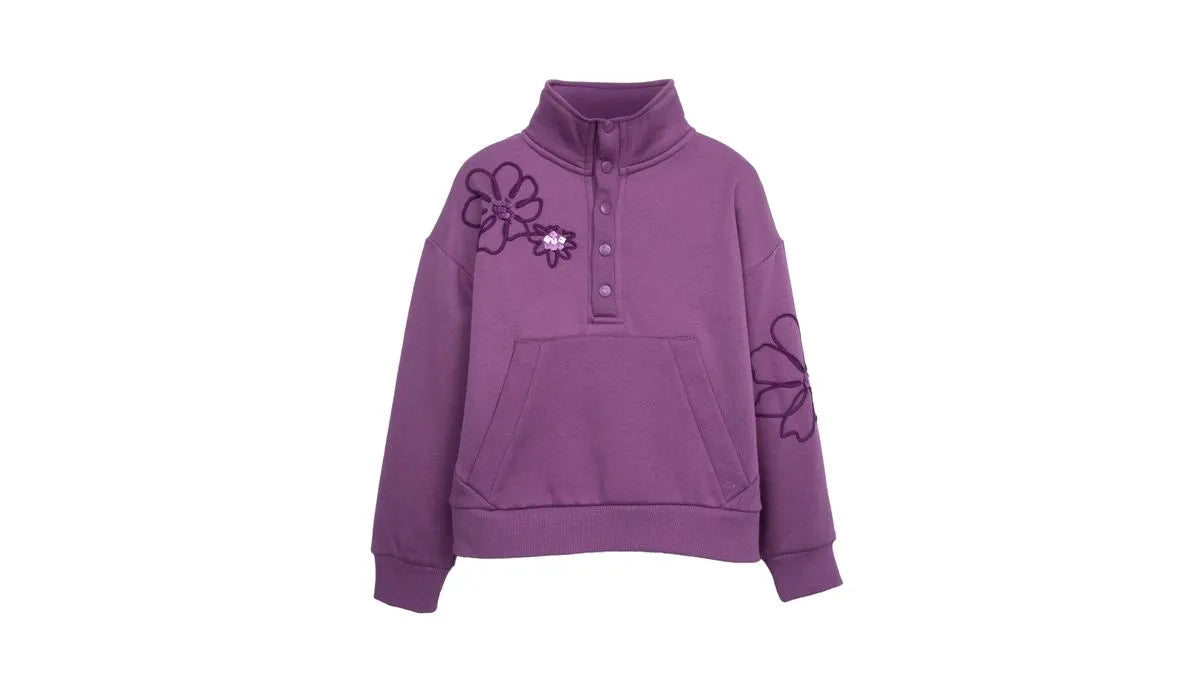 Polerón Niña Flores Cuello Alto y Broches Morado